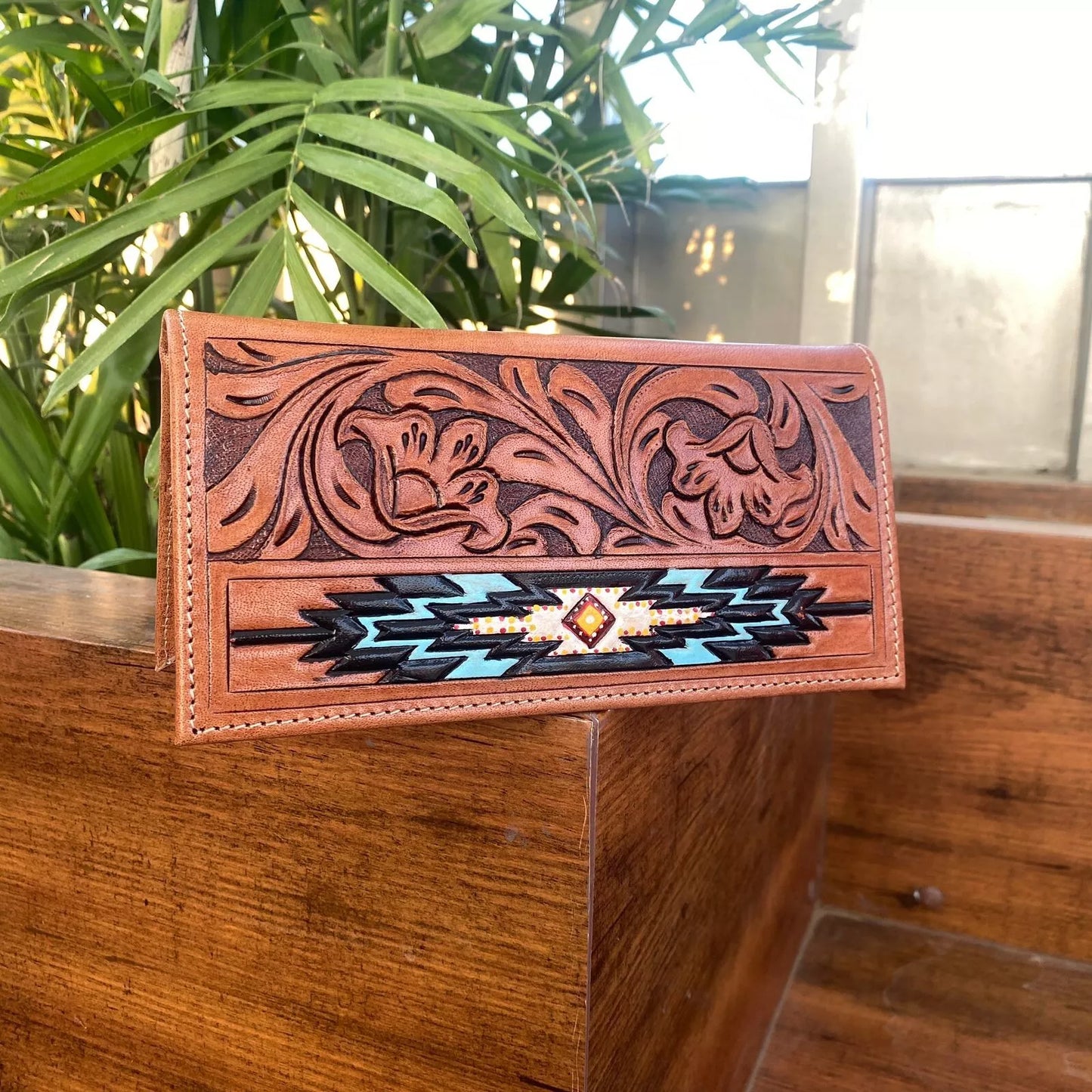Hand Tooled Leather Wallet Long Cowboy Purse