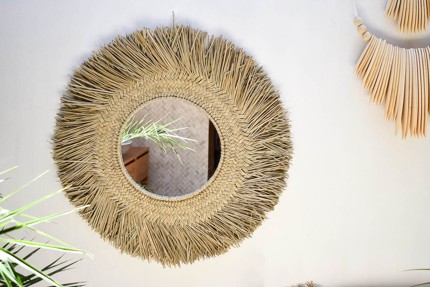 Woven natural seagrass raffia wall mirror