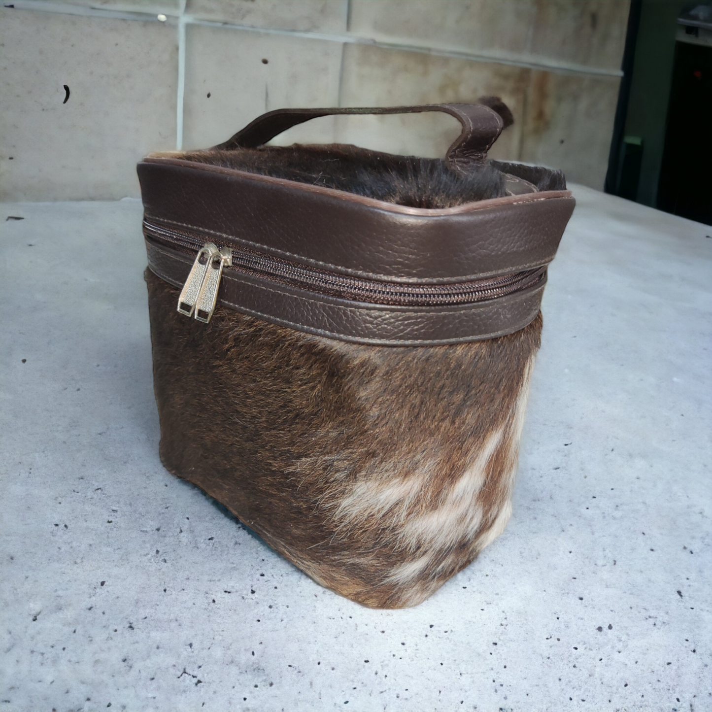 Cowhide Makeup Bag Dark Brown Black