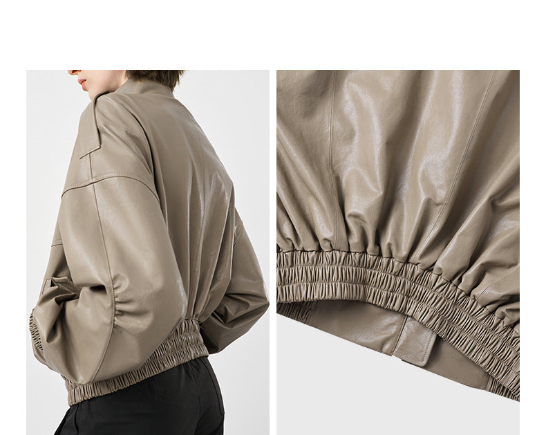 Women Leather Oversized Jacket Retro Stand Collar Motorcycle Coat