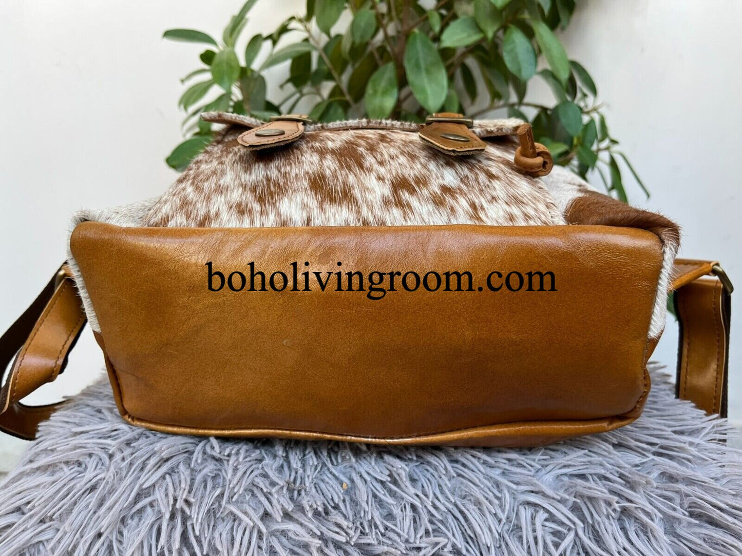Real Cowhide Leather Backpack Brown White