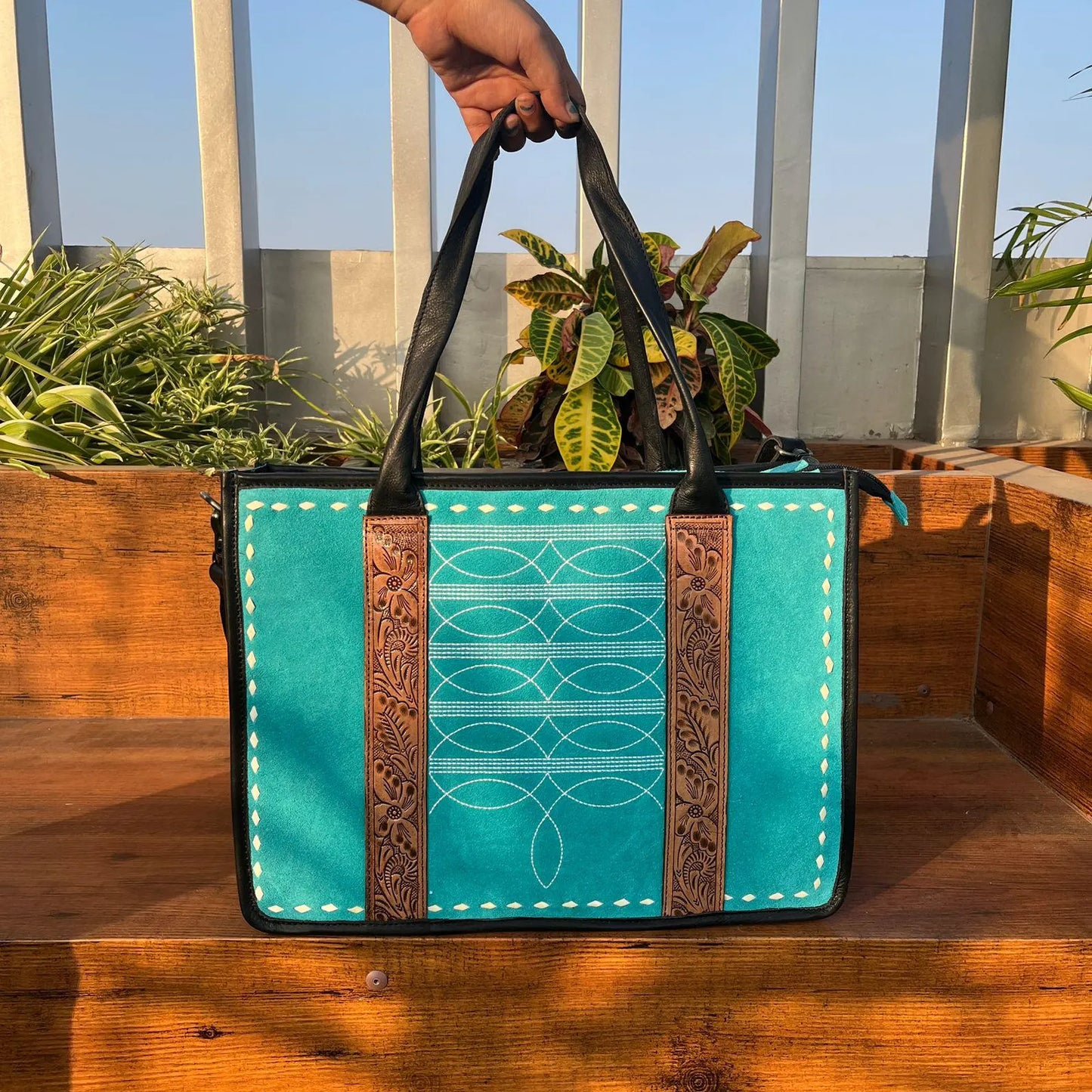 Turquoise Suede Tooled Leather Tote Bag