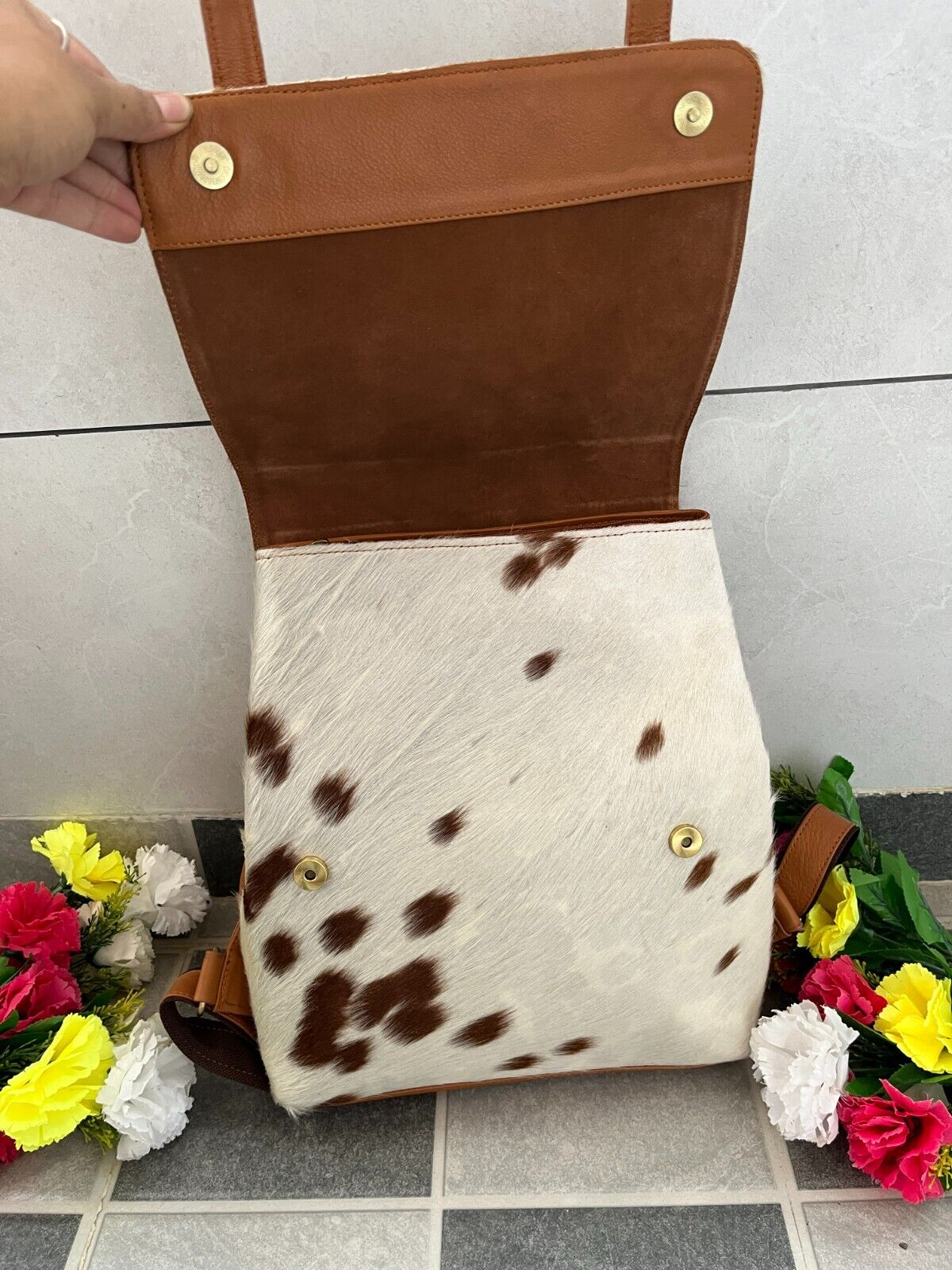Spotted Cowhide Backpack Brown White