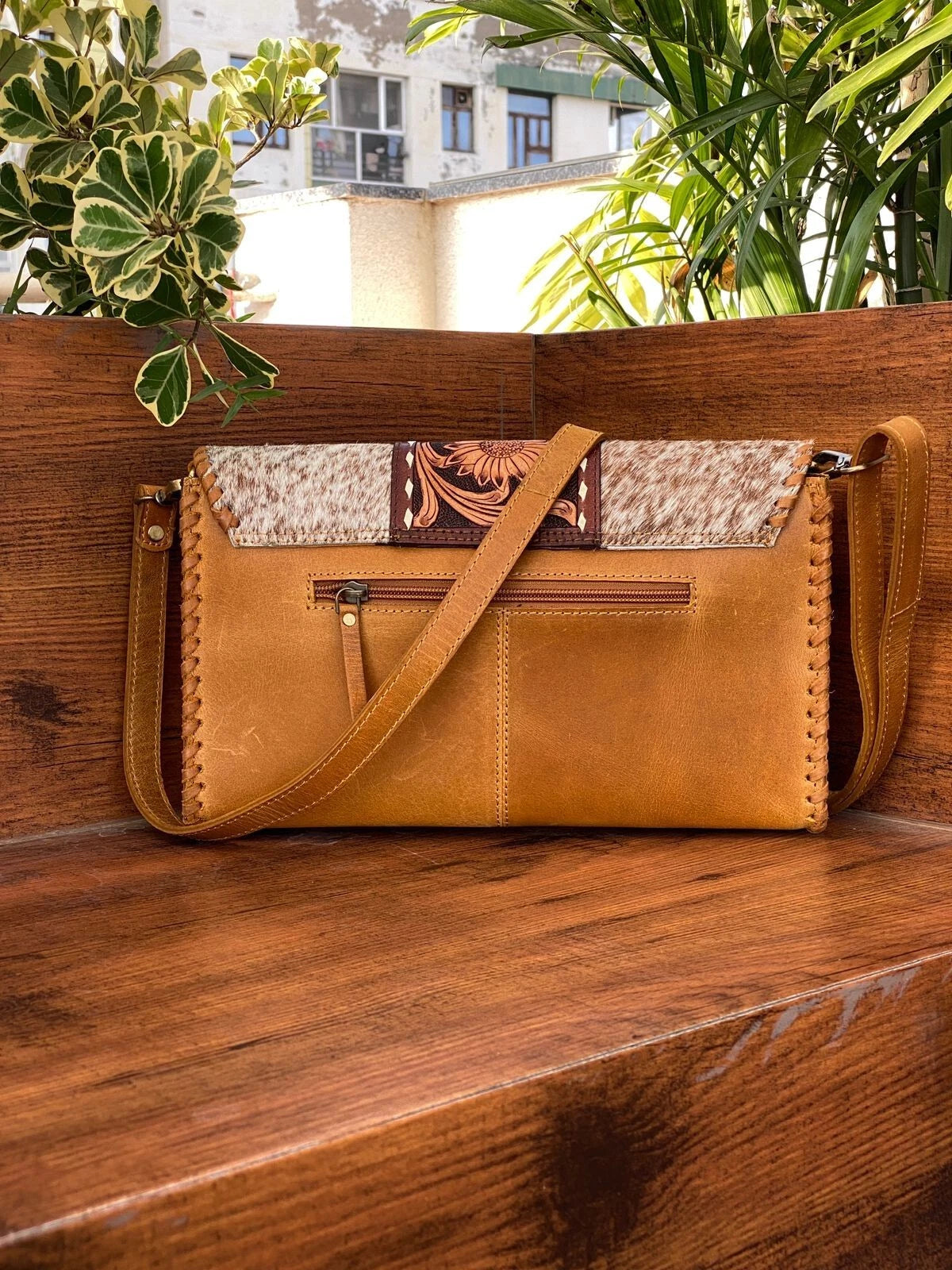 Hand tooled leather cowhide crossbody purse