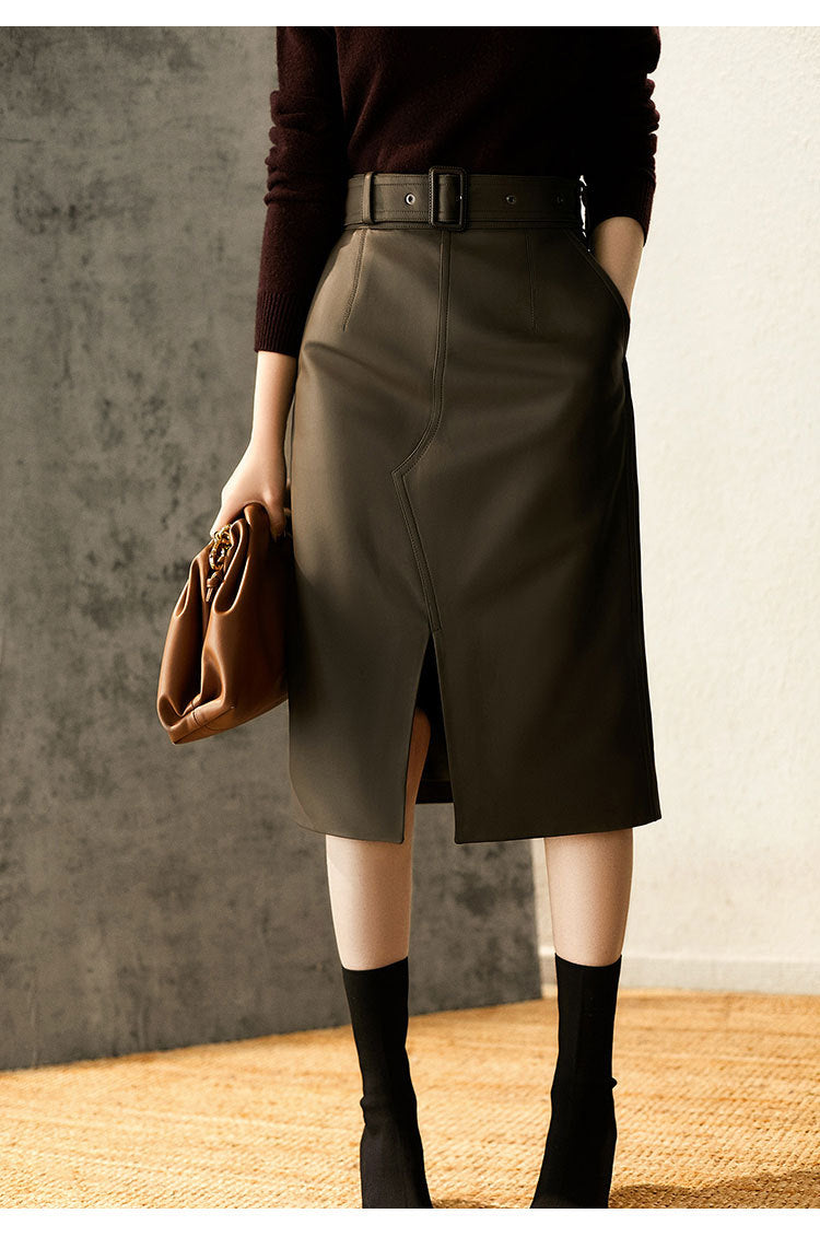 Olive Green Sheepskin Mid Length Leather Skirt with Belt and Slit