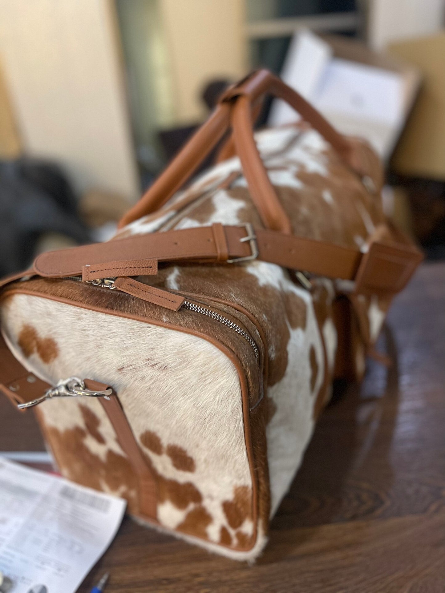 Brown White Cowhide Luggage Bag Western Carry On.