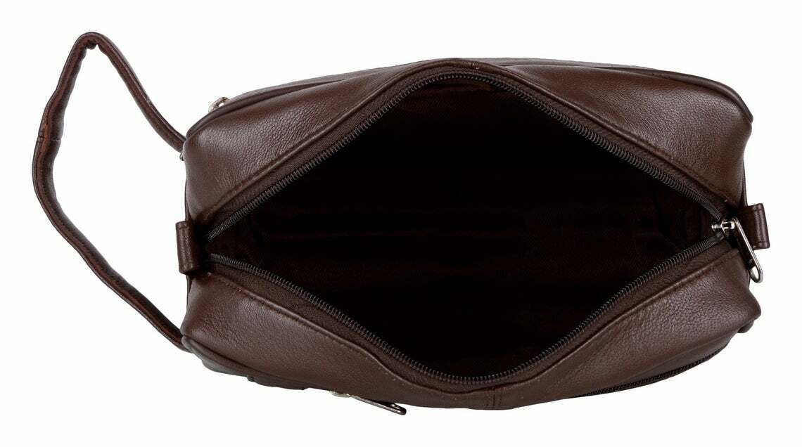 Brown leather travel toiletry bag shaving kit