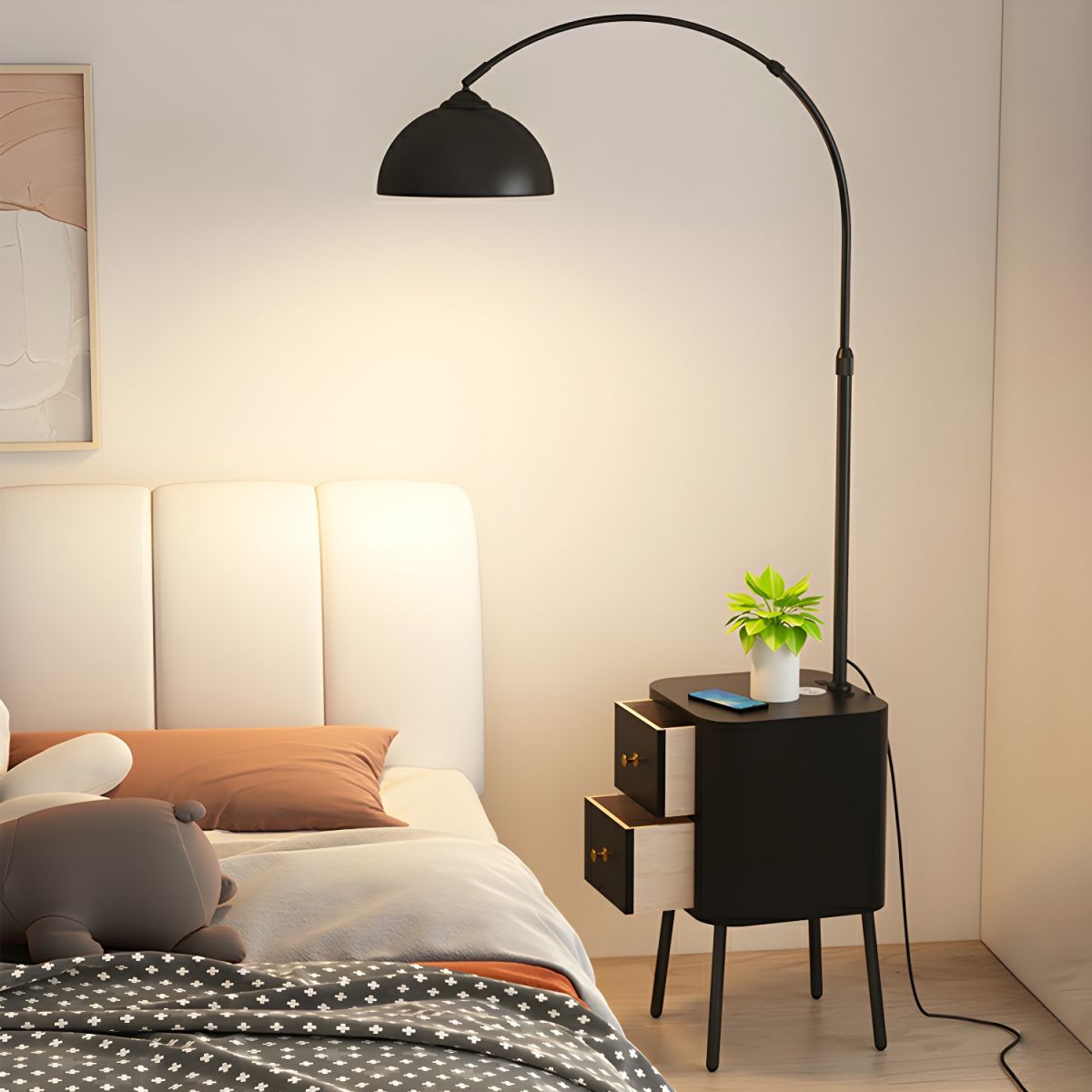Floor Arc Lamp with Table, Drawer and Wireless Charger