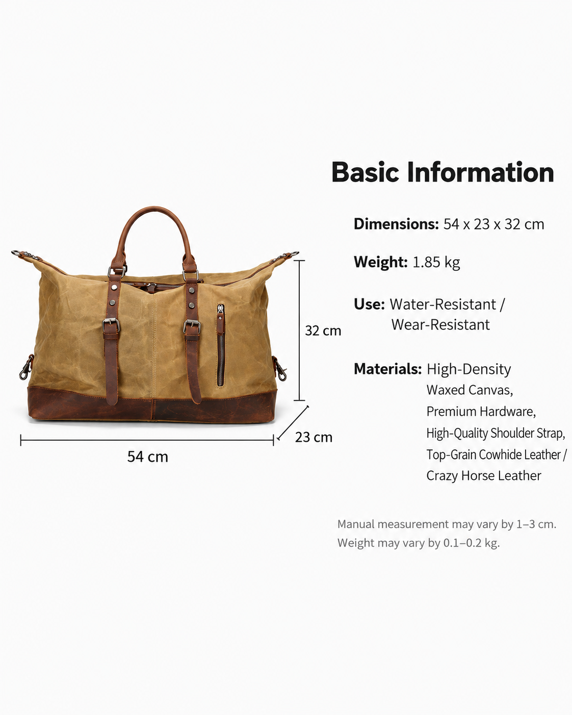 Canvas Duffle Bag with Waxed Finish and Top-Grain Cowhide Leather