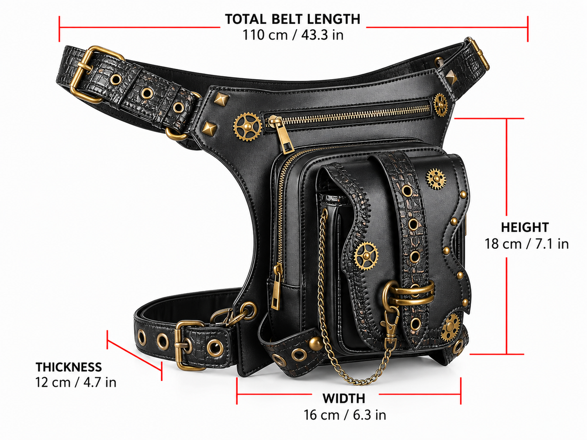 Punk Waist Leg Bag Black PU Chain and Motorcycle Style
