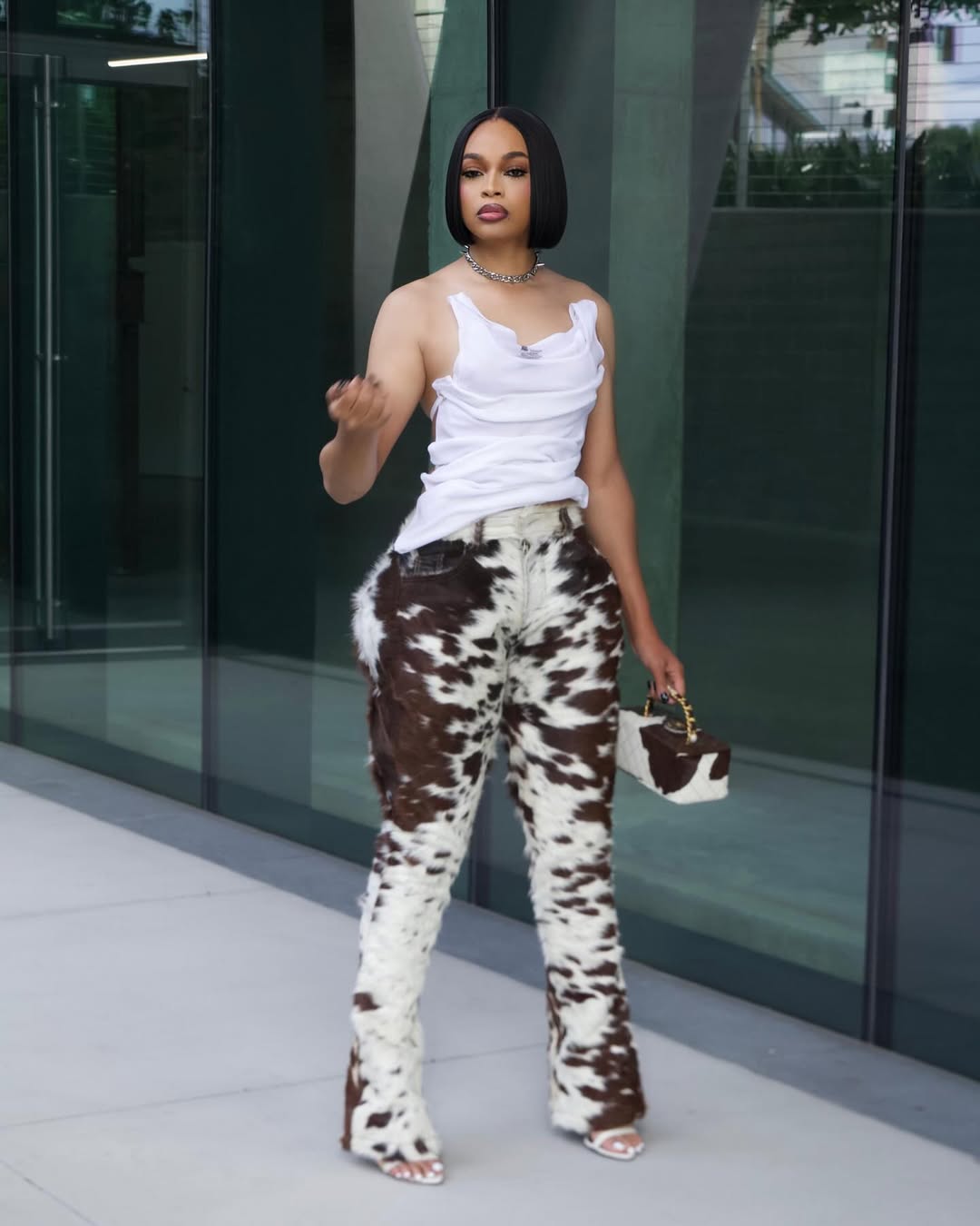 women hair on cowhide trousers