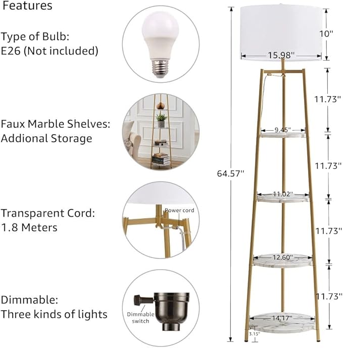 Modern Golden Floor Lamp with Shelves and Fabric Shade