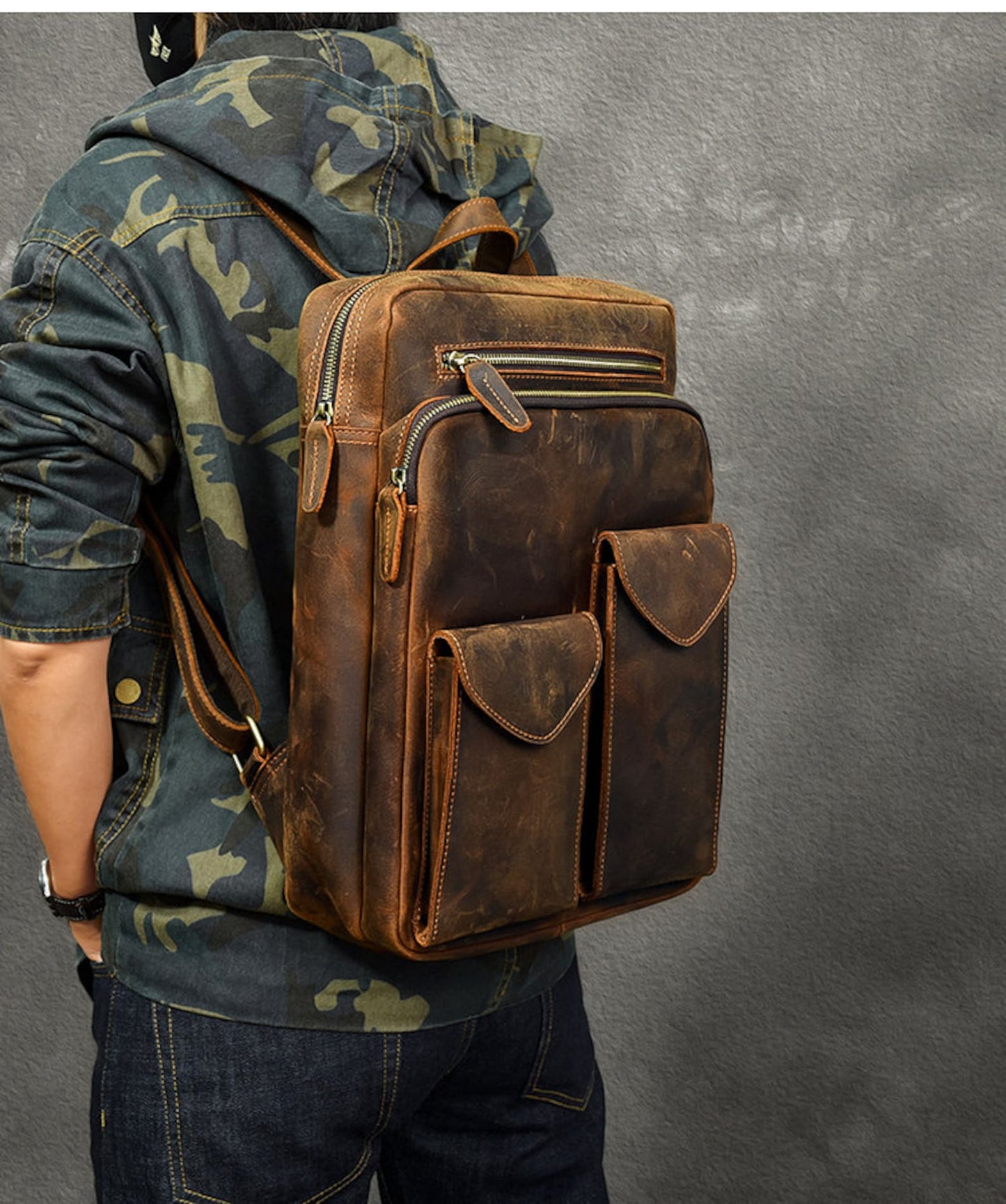 dark brown leather backpack