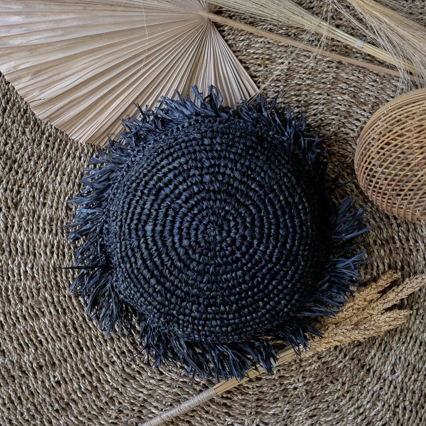 Handmade Seagrass Raffia Jute Black Pillow Case