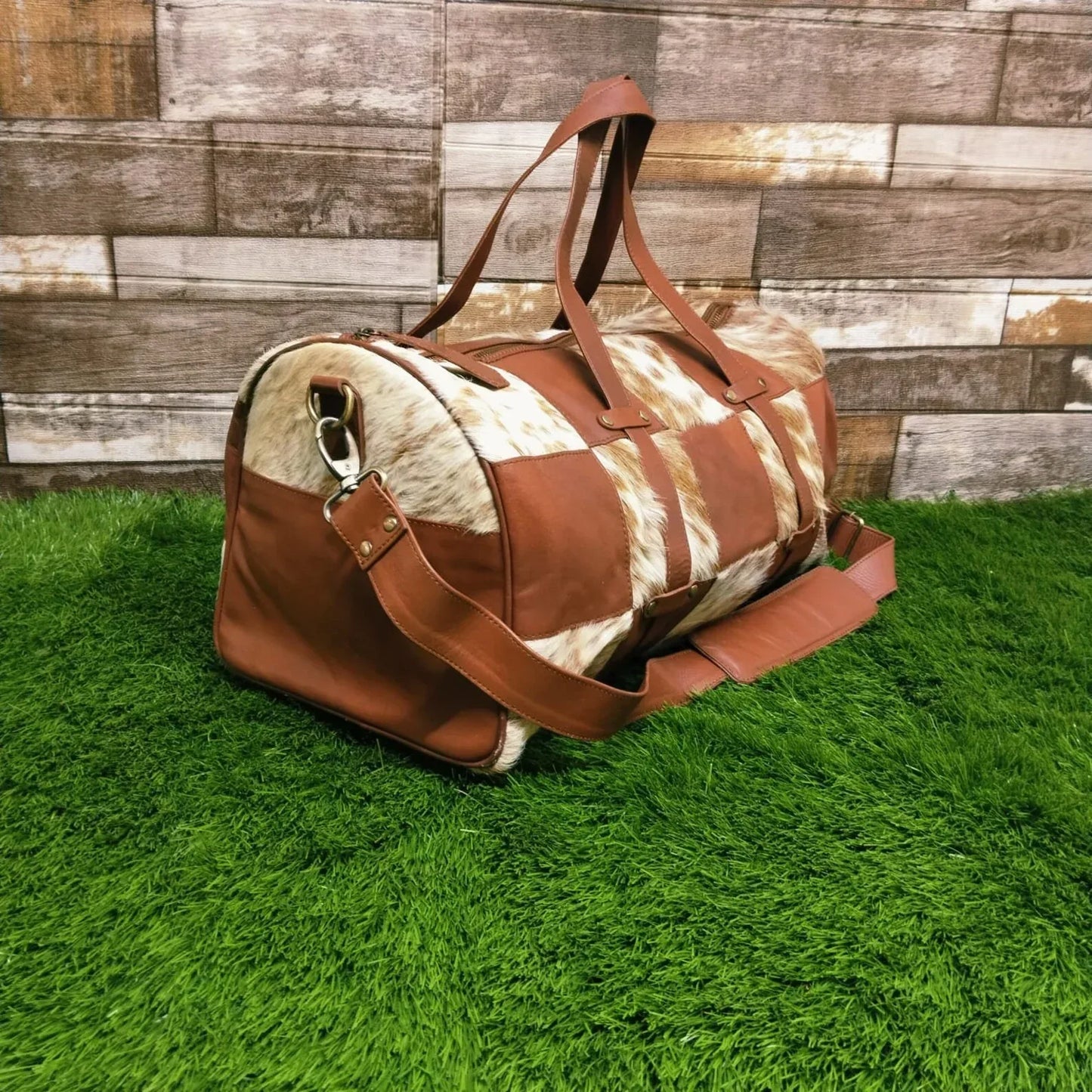 Leather Real Cowhide Duffle Bag Brown White