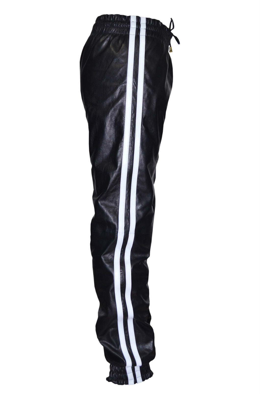 Men’s Leather Jogger Pants with Stripes and Zip Ankle