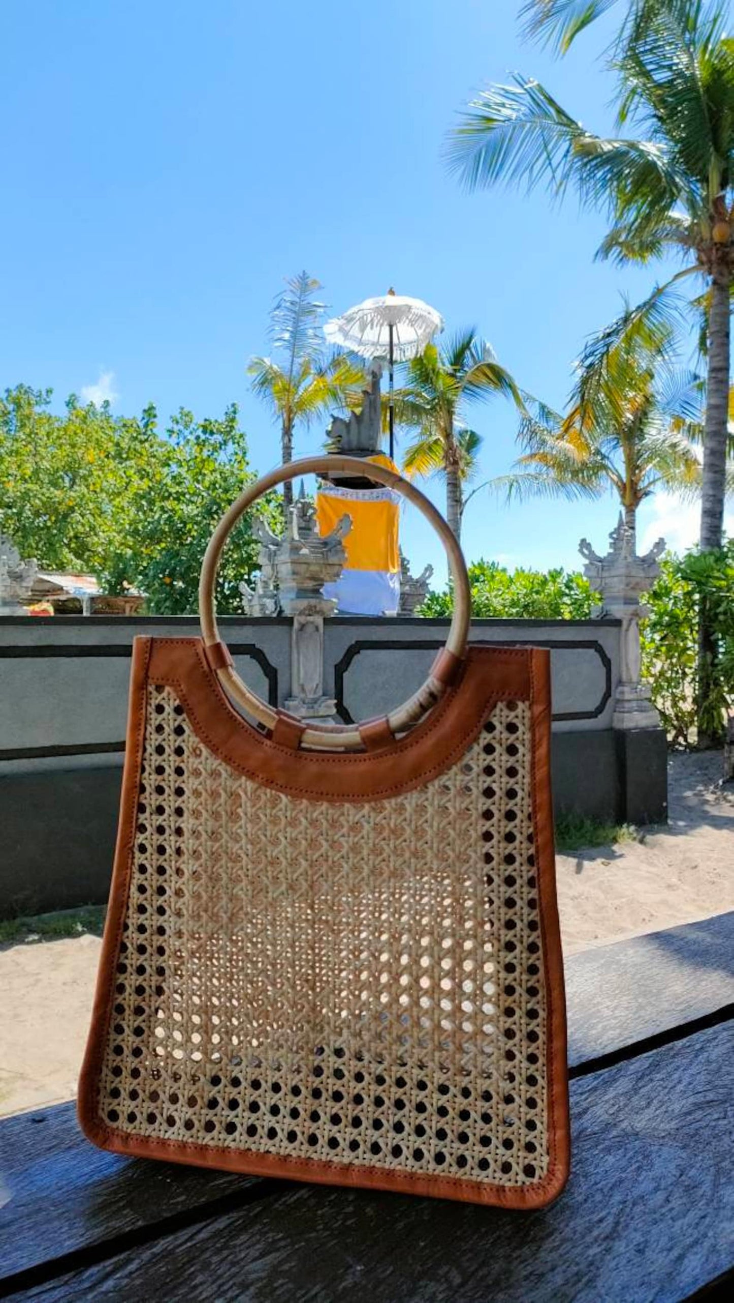 Rattan Webbing Handbag with bamboo handle