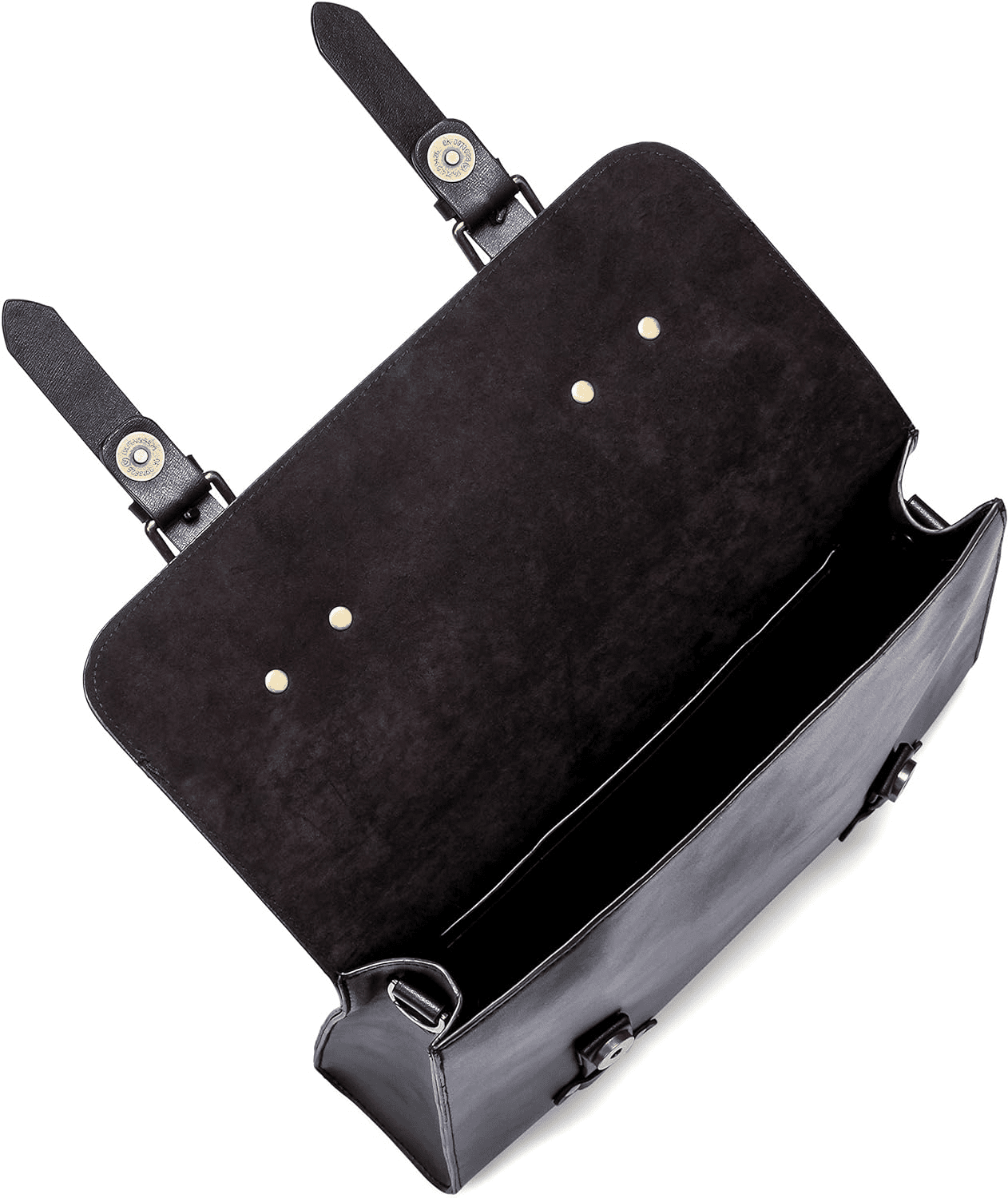 Black Leather Laptop Briefcase with Buckle Straps and Shoulder Handle