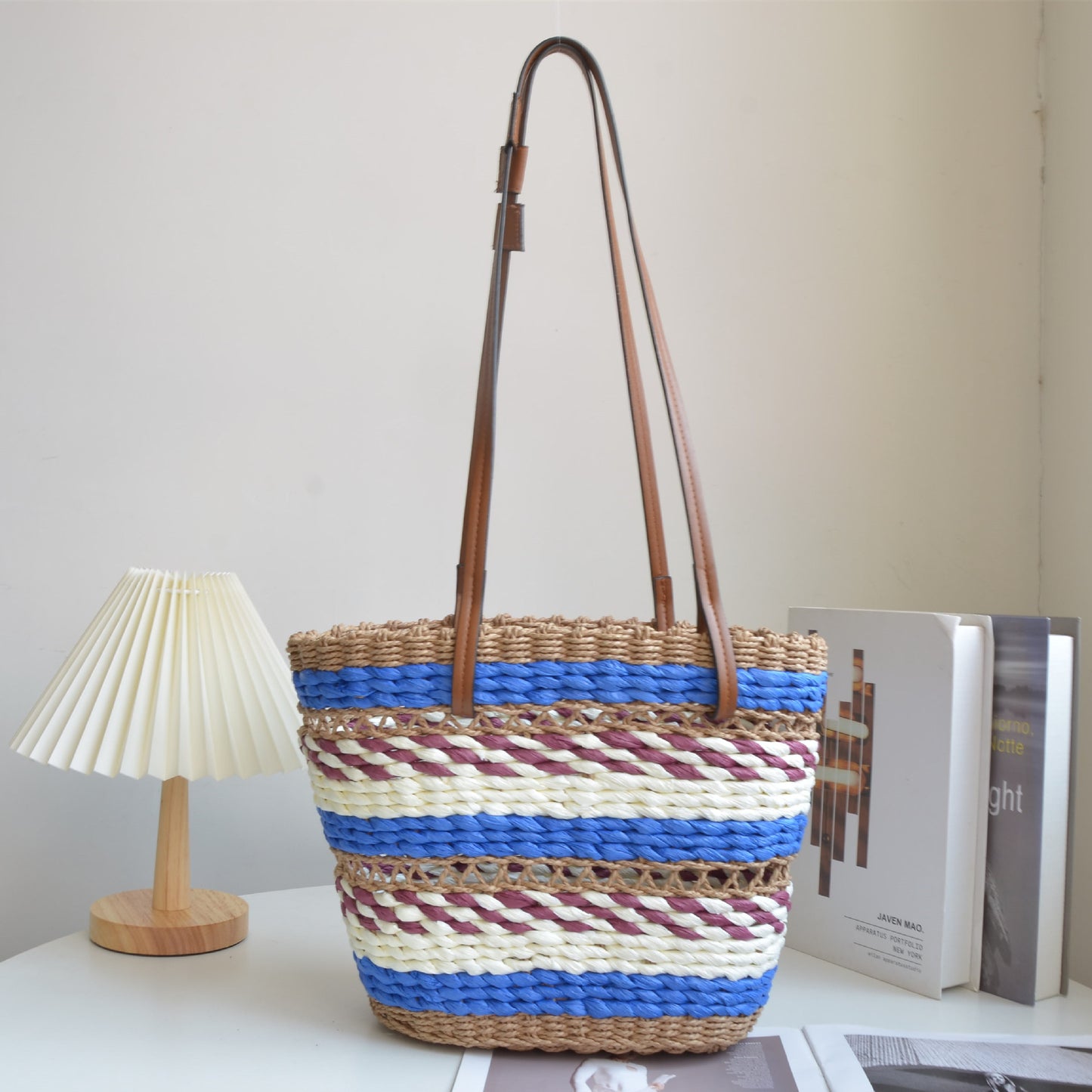 three color trending women straw beach bag