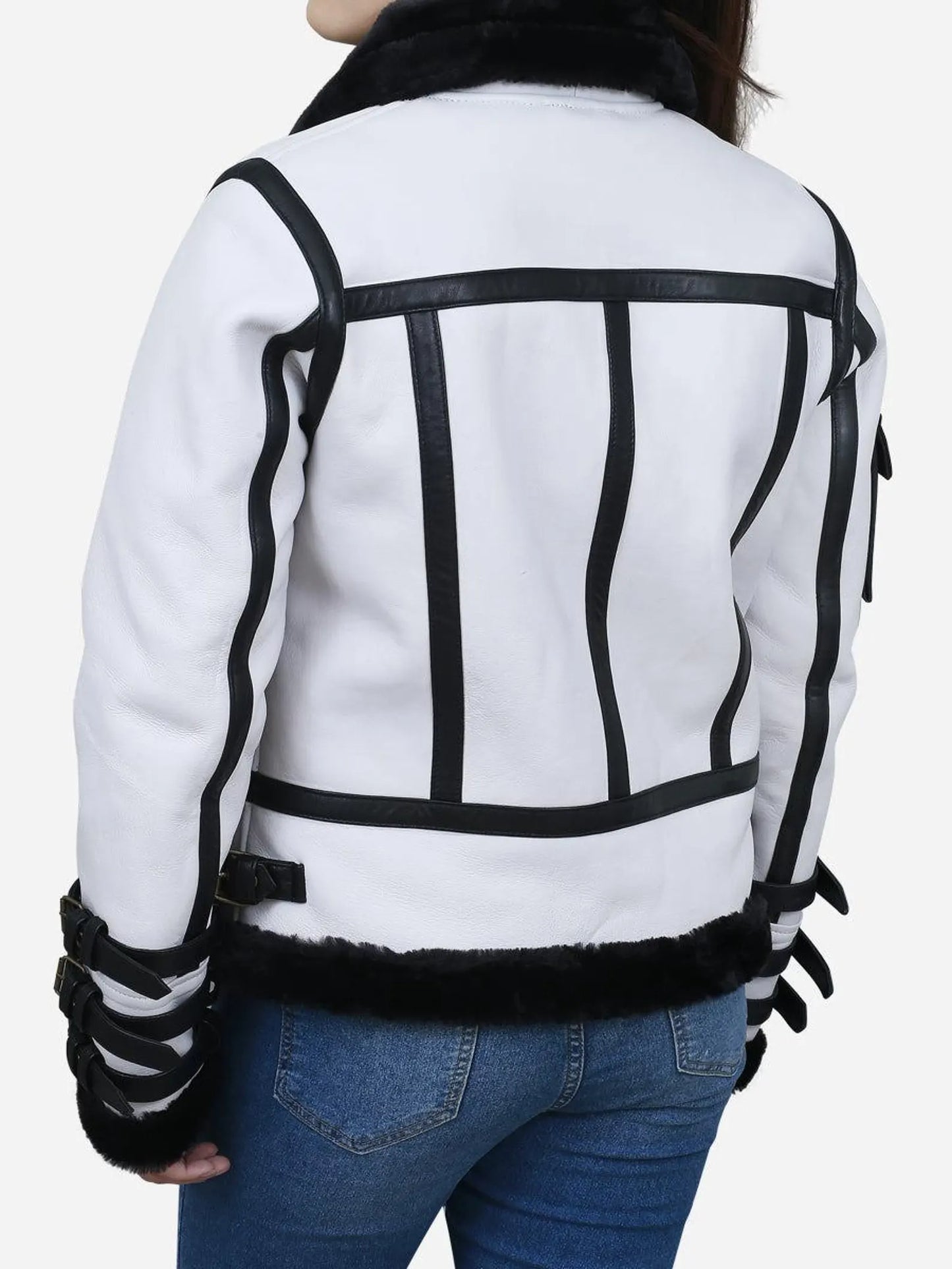 Women Aviator Shearling Leather Jacket Black White