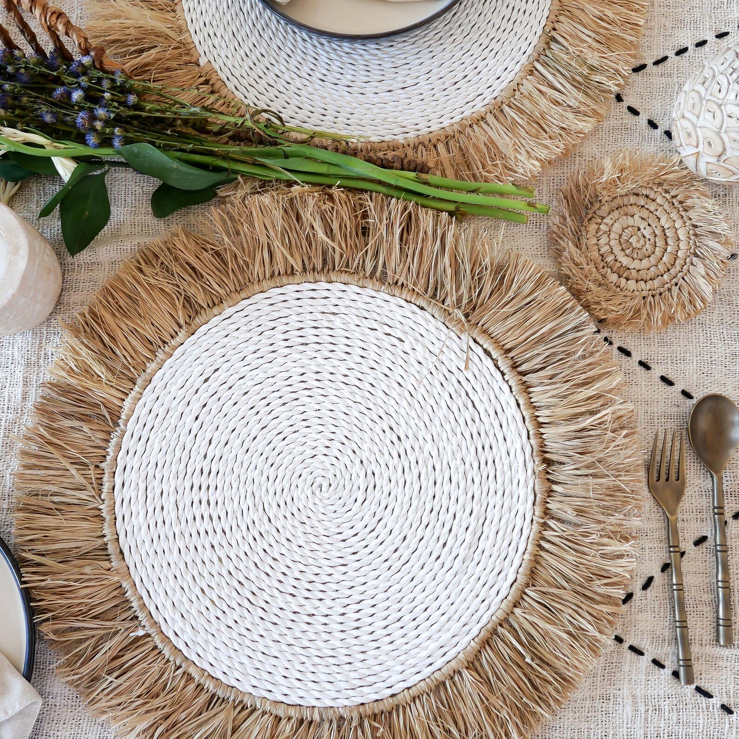 Natural Raffia fringed white placemat