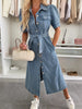 Women’s Short Sleeve Button Down Denim Midi Dress with Waist Tie