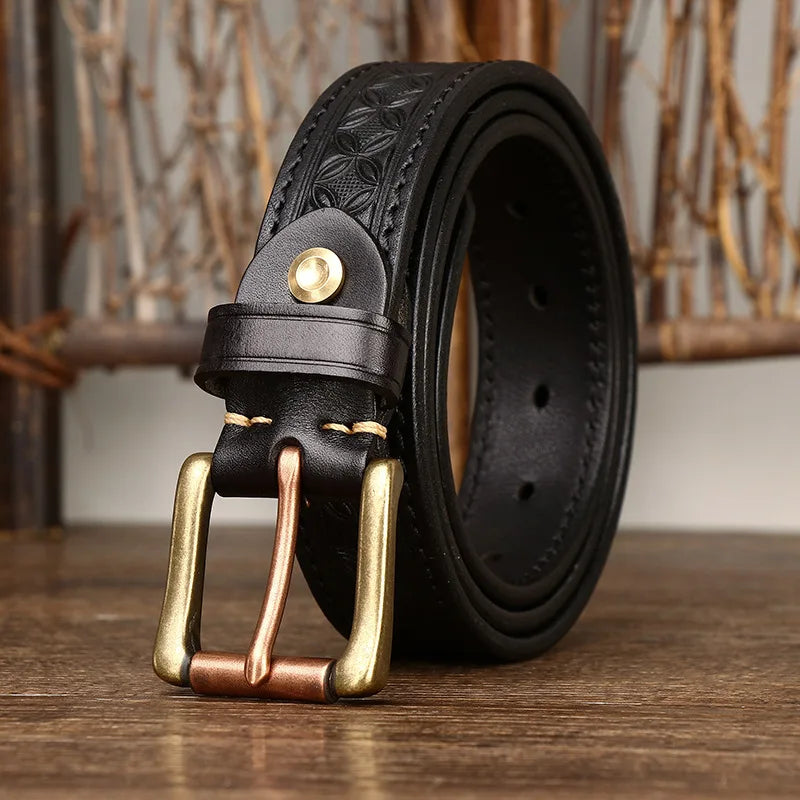 Genuine Leather Belt for Men Vintage Brass Buckle