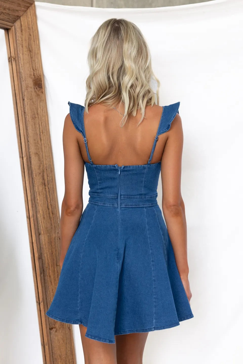 Women Denim Mini Dress Ruffle Sleeveless Blue Jean Dress