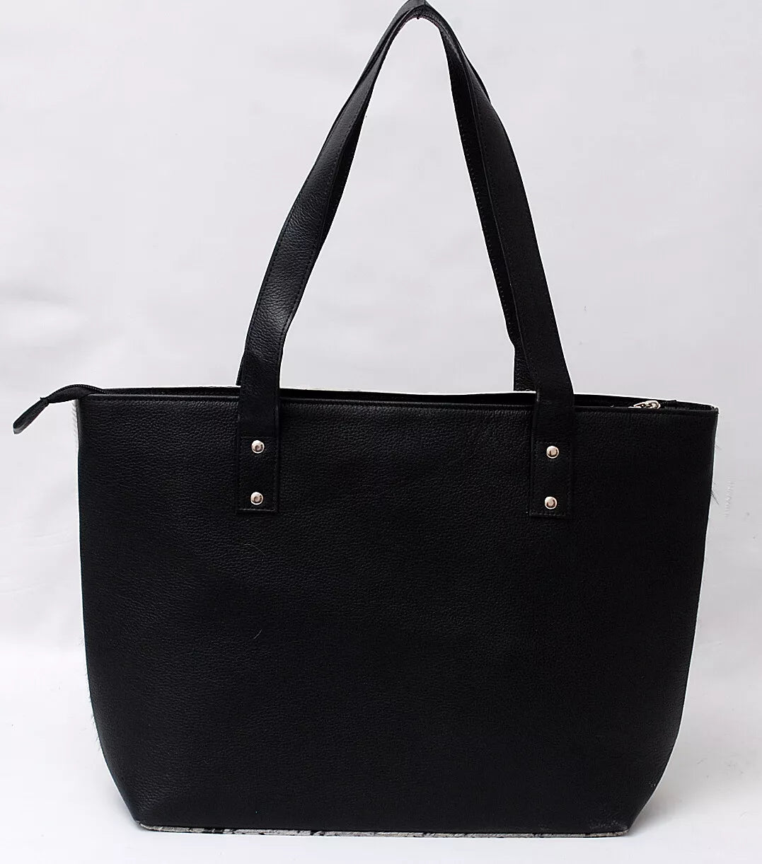 Large Cowhide Tote Handbag Black White