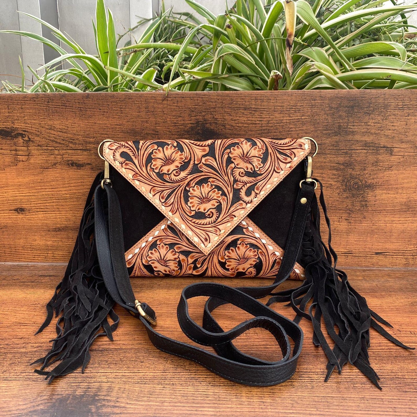 Suede Tooled Leather Crossbody Sling Purse