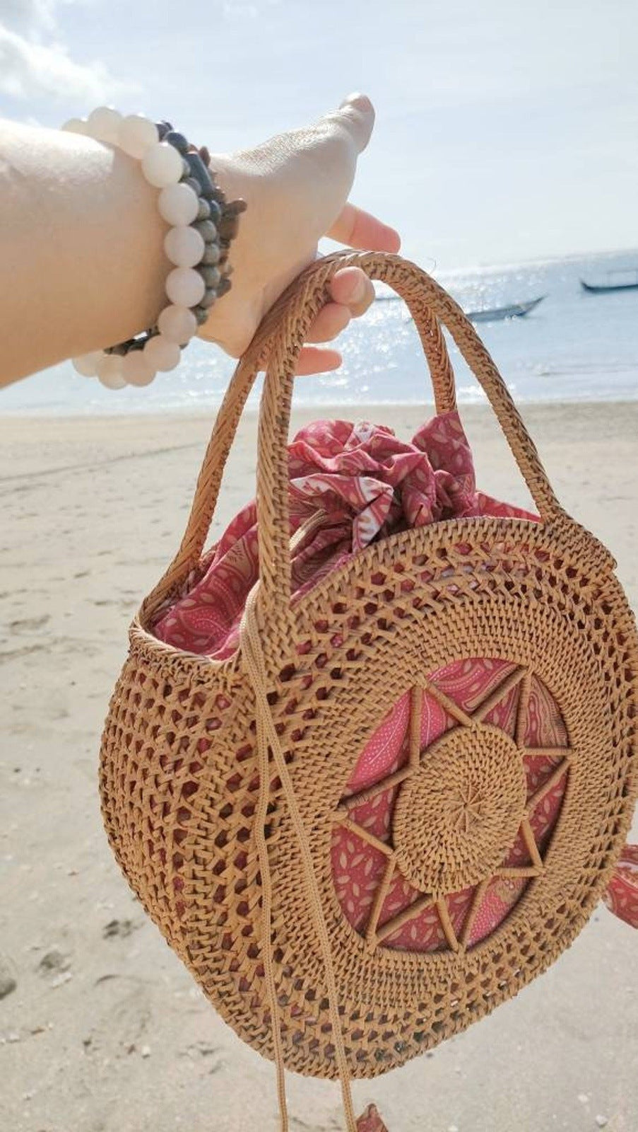 Handwoven Bali Rattan Bag with Batik Lining Round Ata Beach Tote