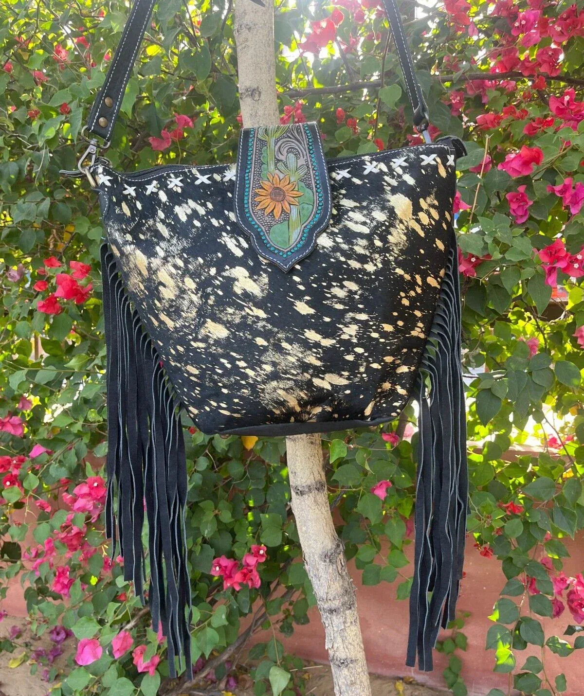 Tooled Leather Metallic Cowhide Tote Bag