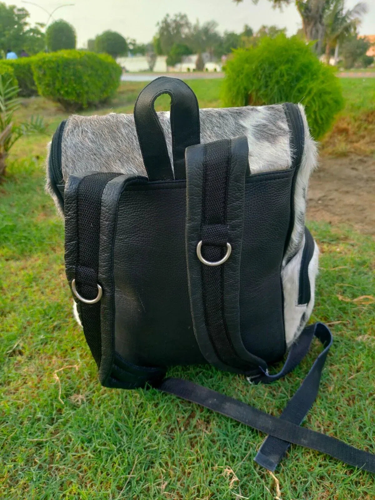 Real Hair On Cowhide Backpack Grey White