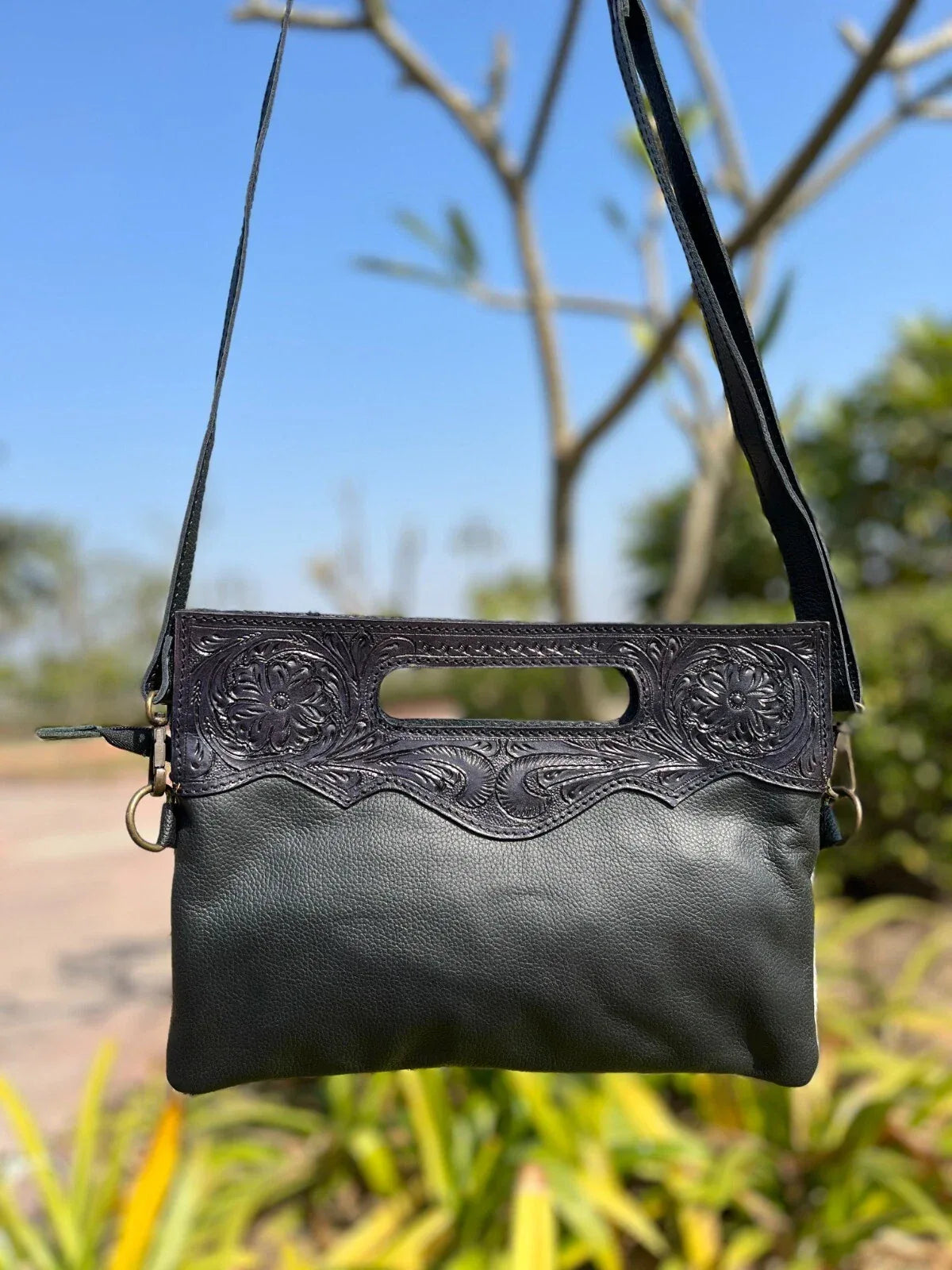 Tooled Leather Crossbody Bag Cowhide