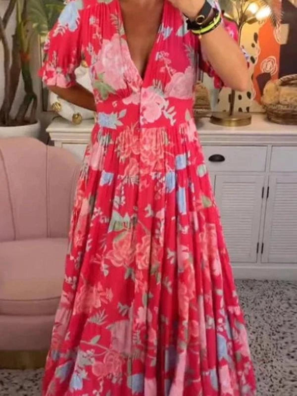 Boho Floral Maxi V-Neck Summer Dress Plus Size
