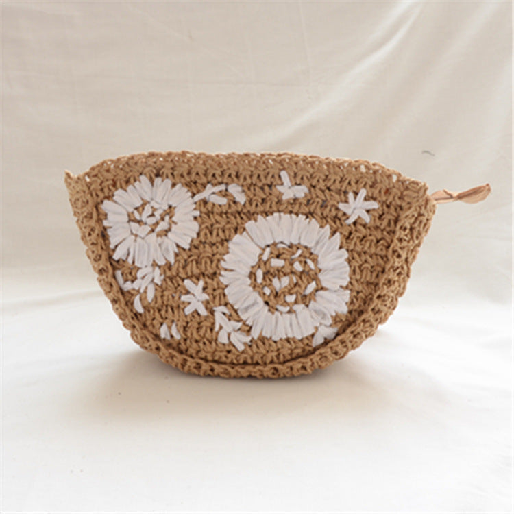 Floral stitched crochet straw bag