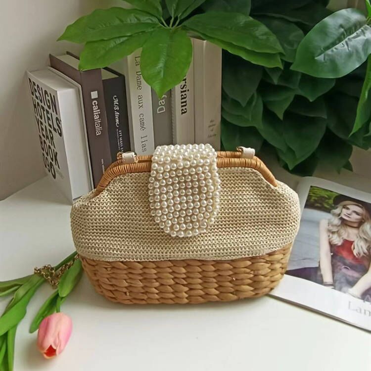 straw trendy pearl bag summer purse