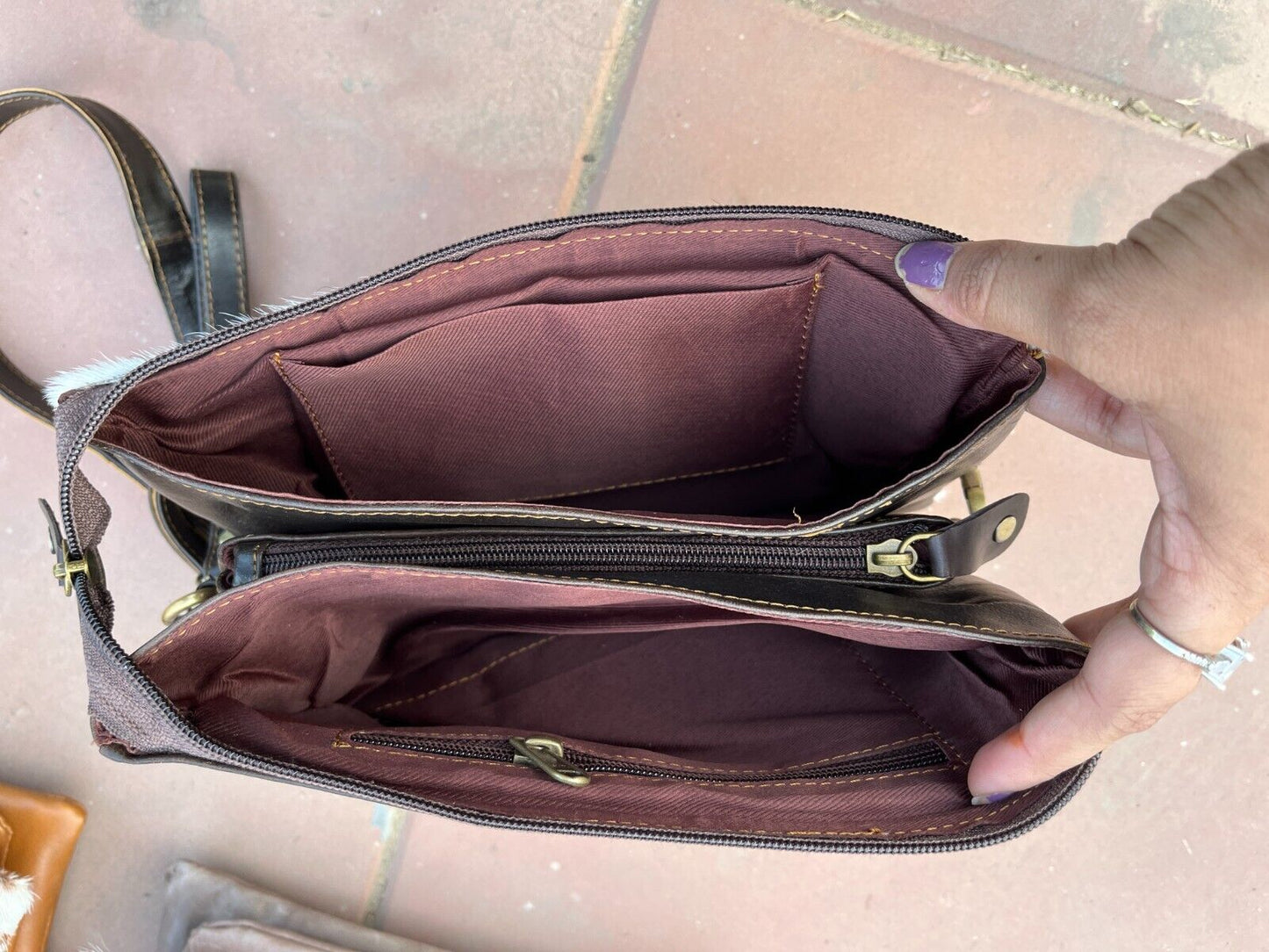 women cowhide crossbody bag brown white