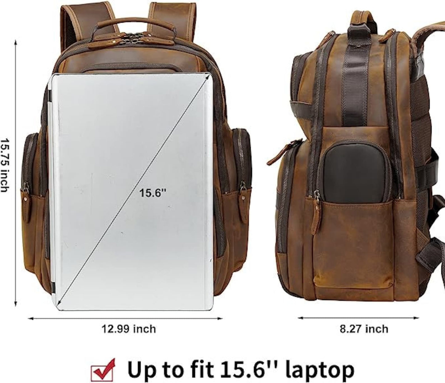 Vintage Leather Laptop Backpack 15.6” Travel & Work Bag