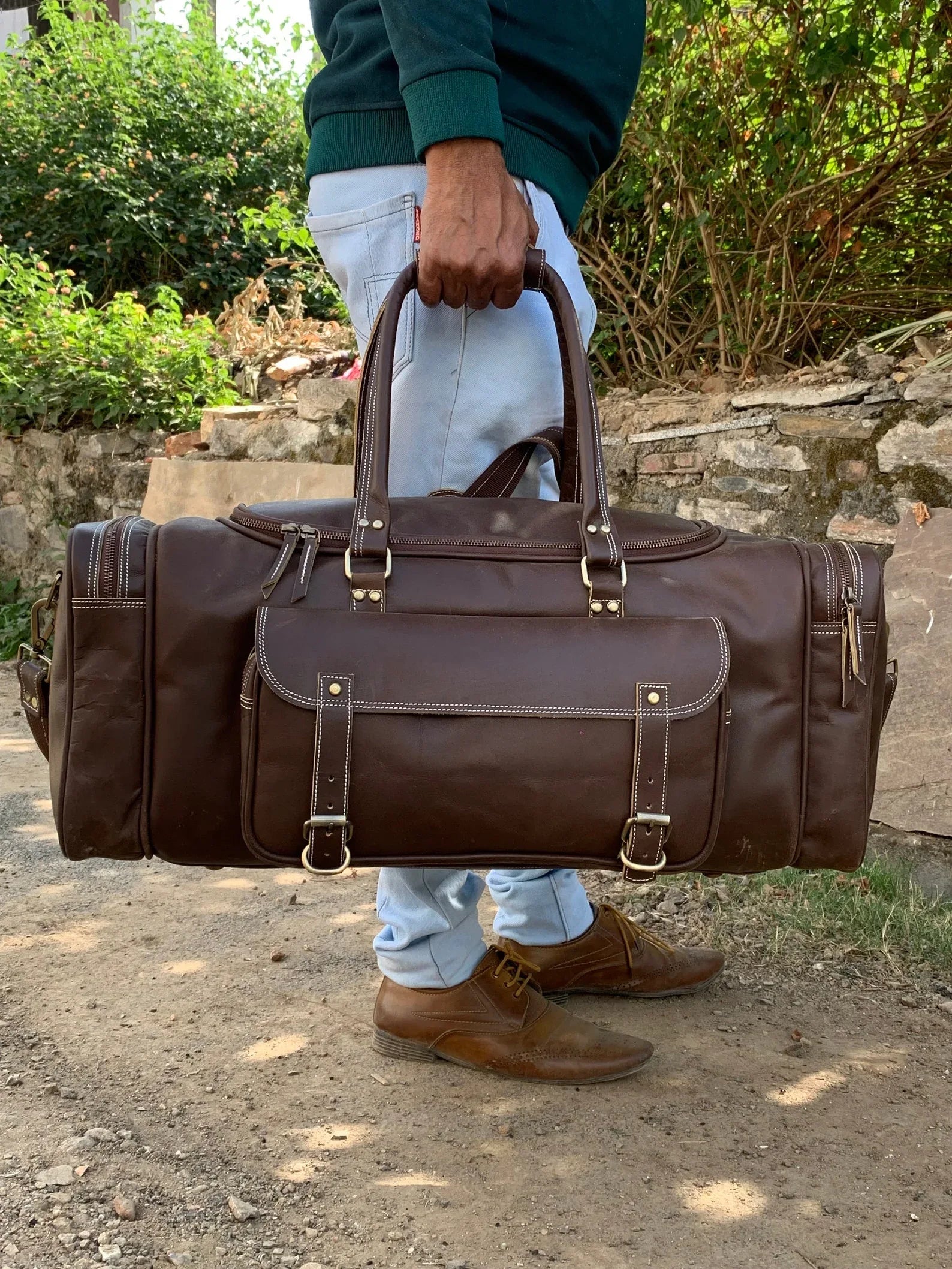 Extra Large Cowhide Leather Travel Duffle Bag - Main Image