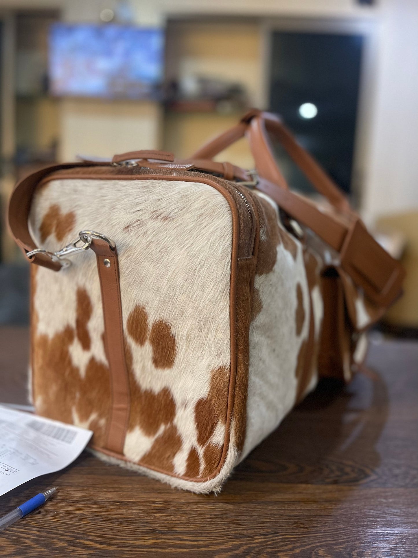 Brown White Cowhide Luggage Bag Western Carry On.