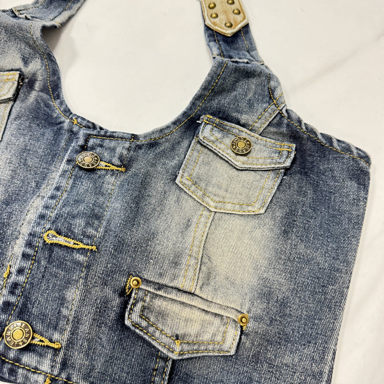 Women’s Denim Corset Halter Top Retro Distressed