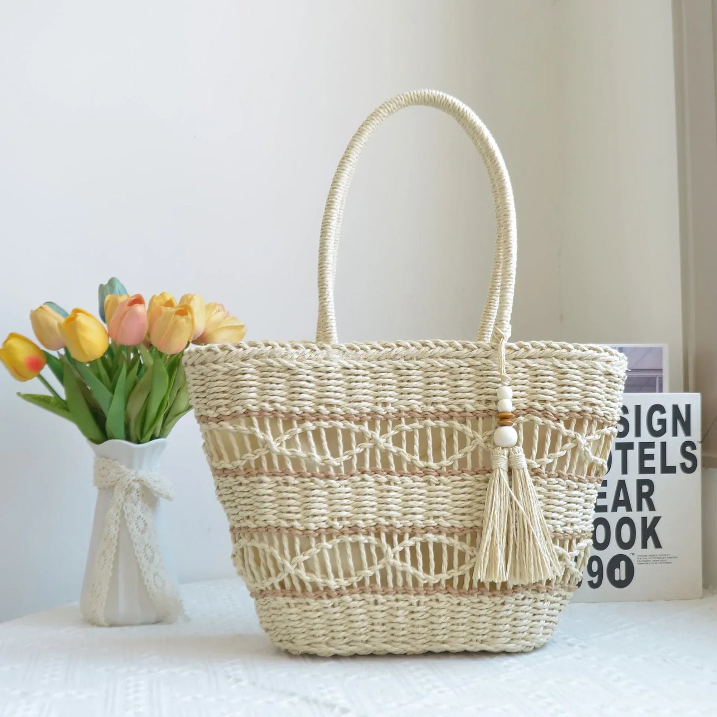 hand woven large straw bag tote purse White