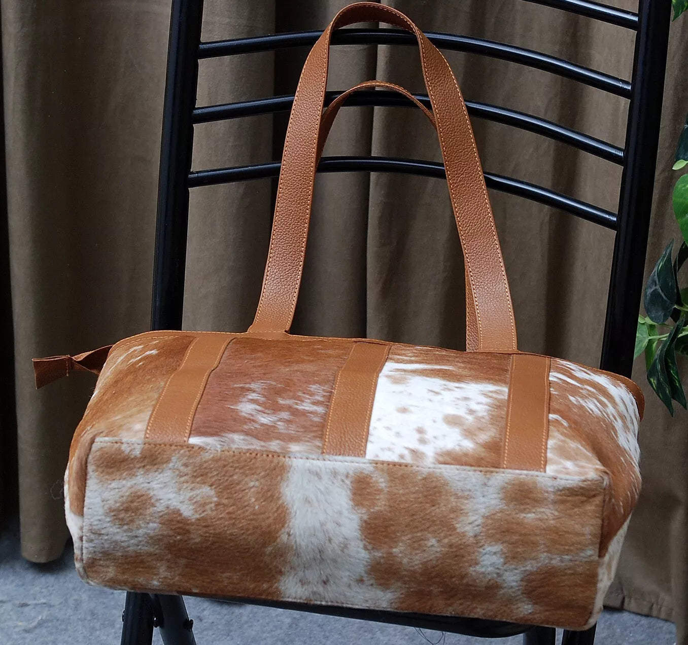 Large Cowhide Leather Brown White Bag