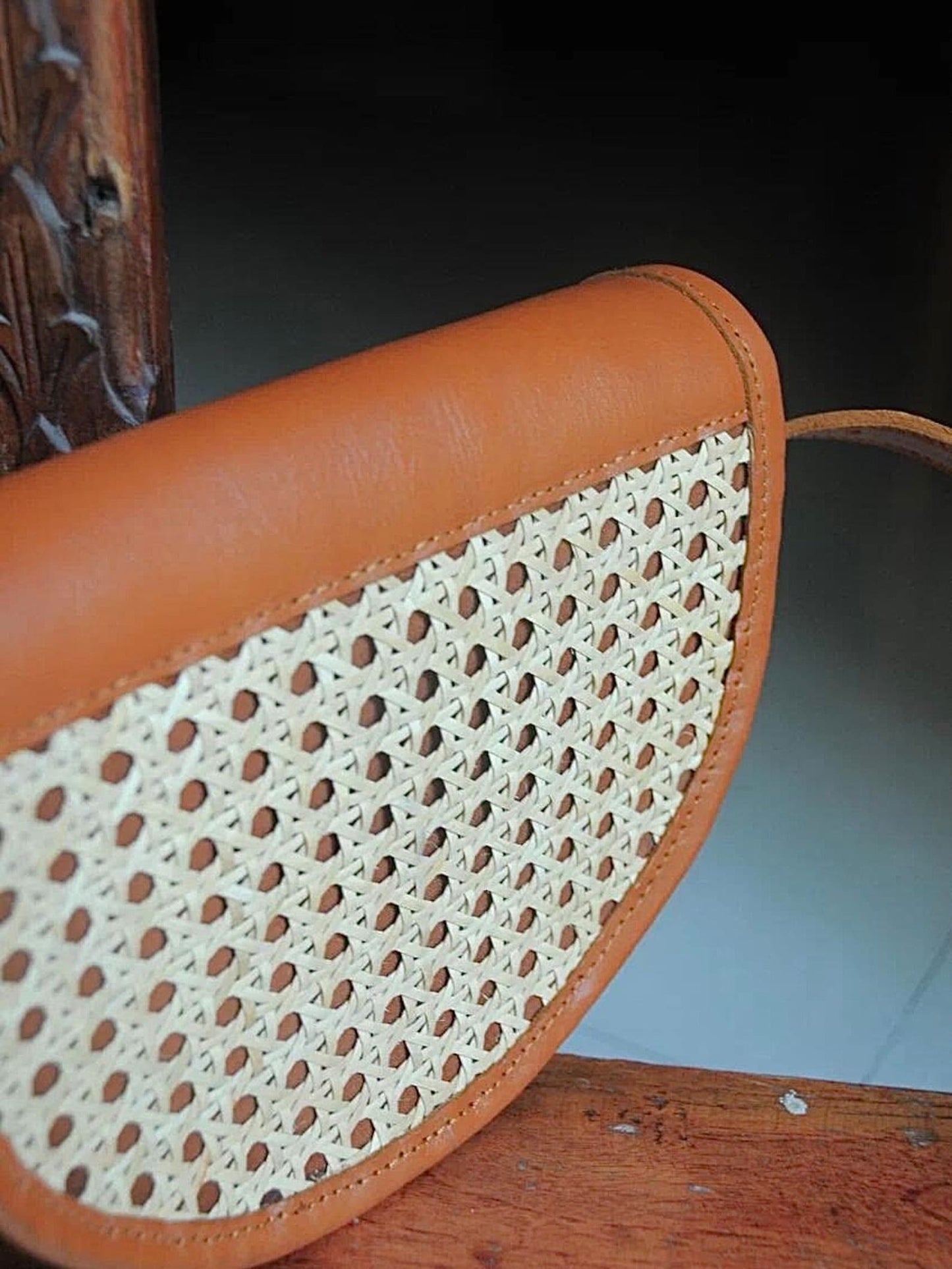 Genuine Leather Rattan Crossbody Bag