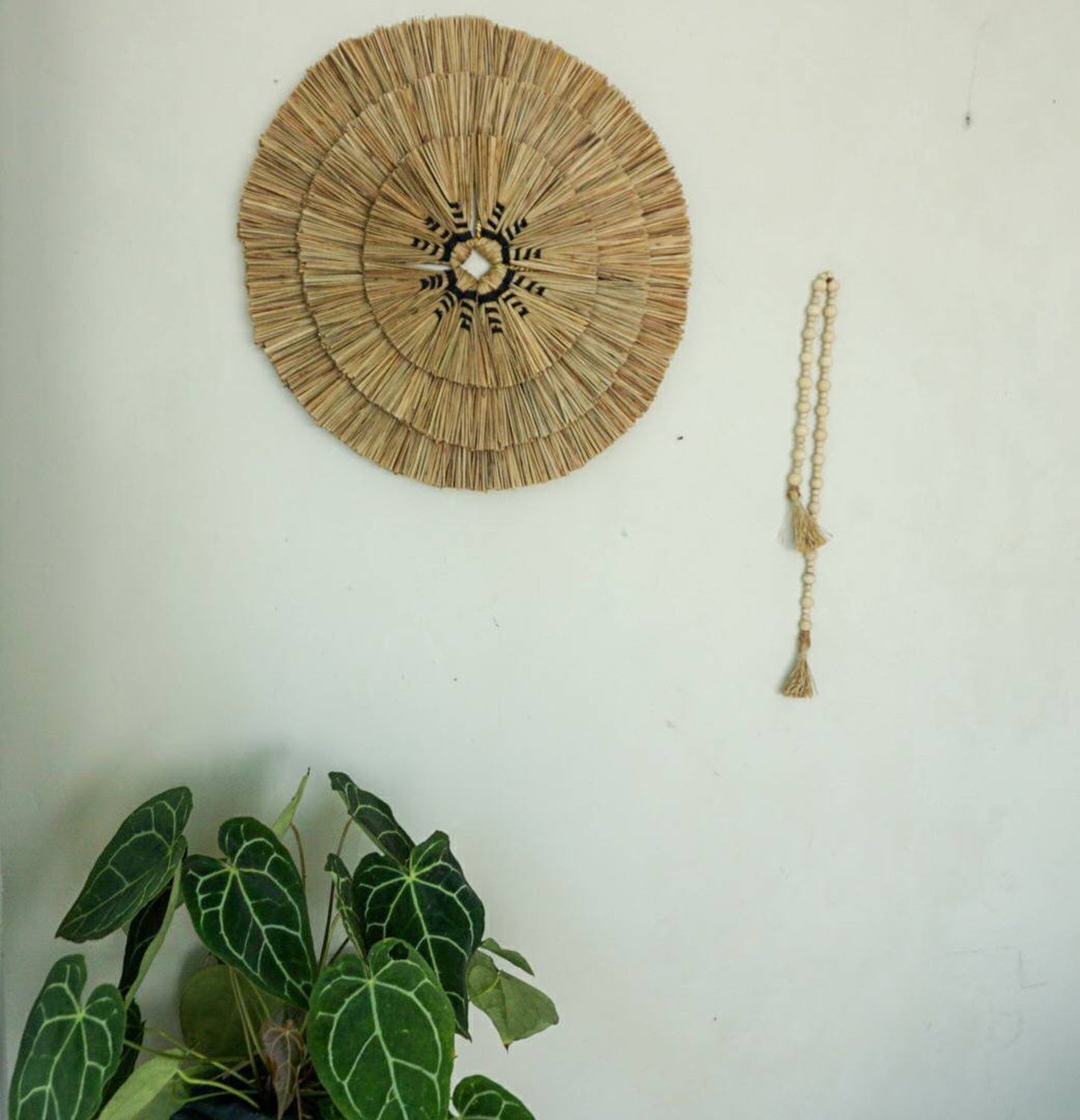Black macrame seagrass round wall decor