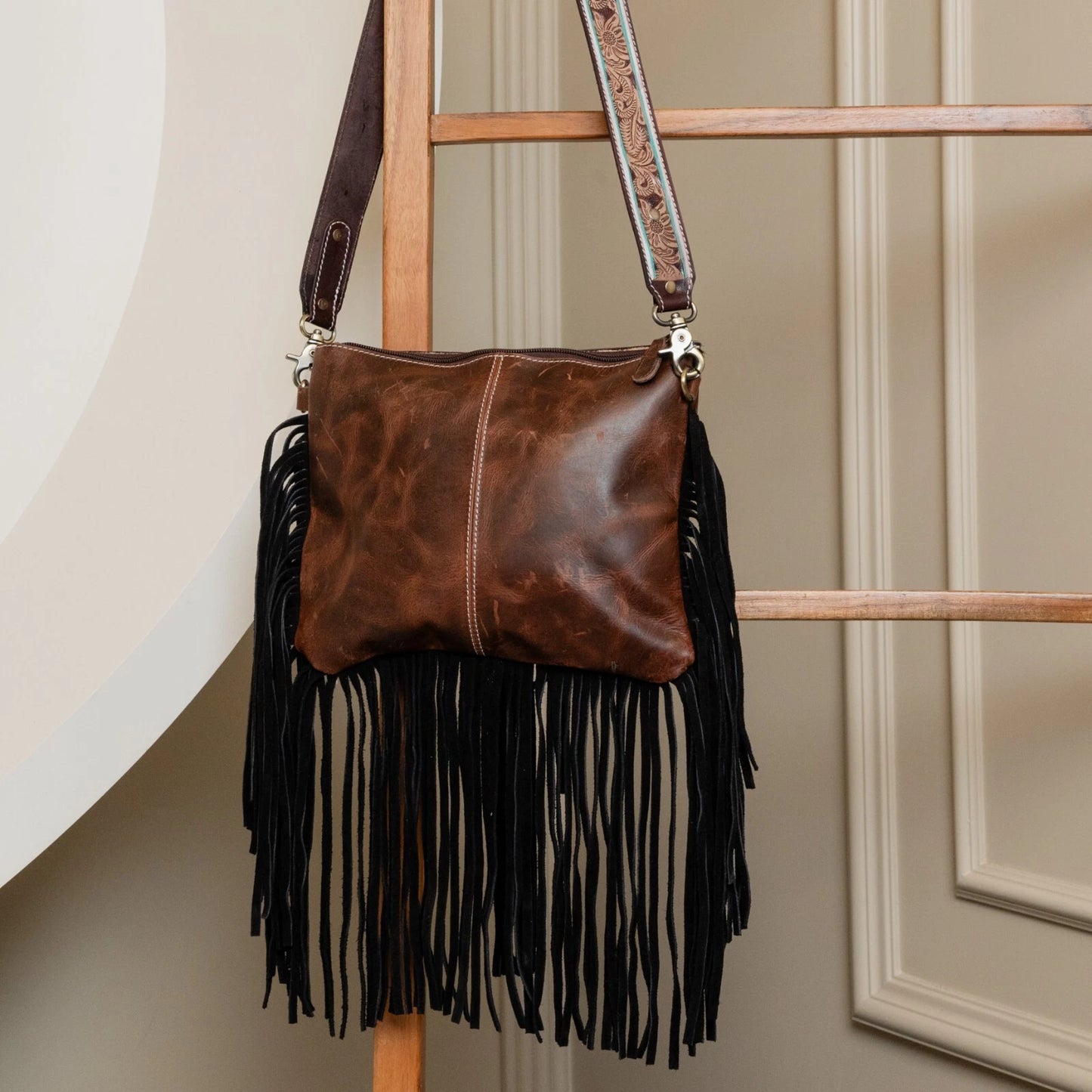 Tooled Leather Cowhide Crossbody Bag Fringe
