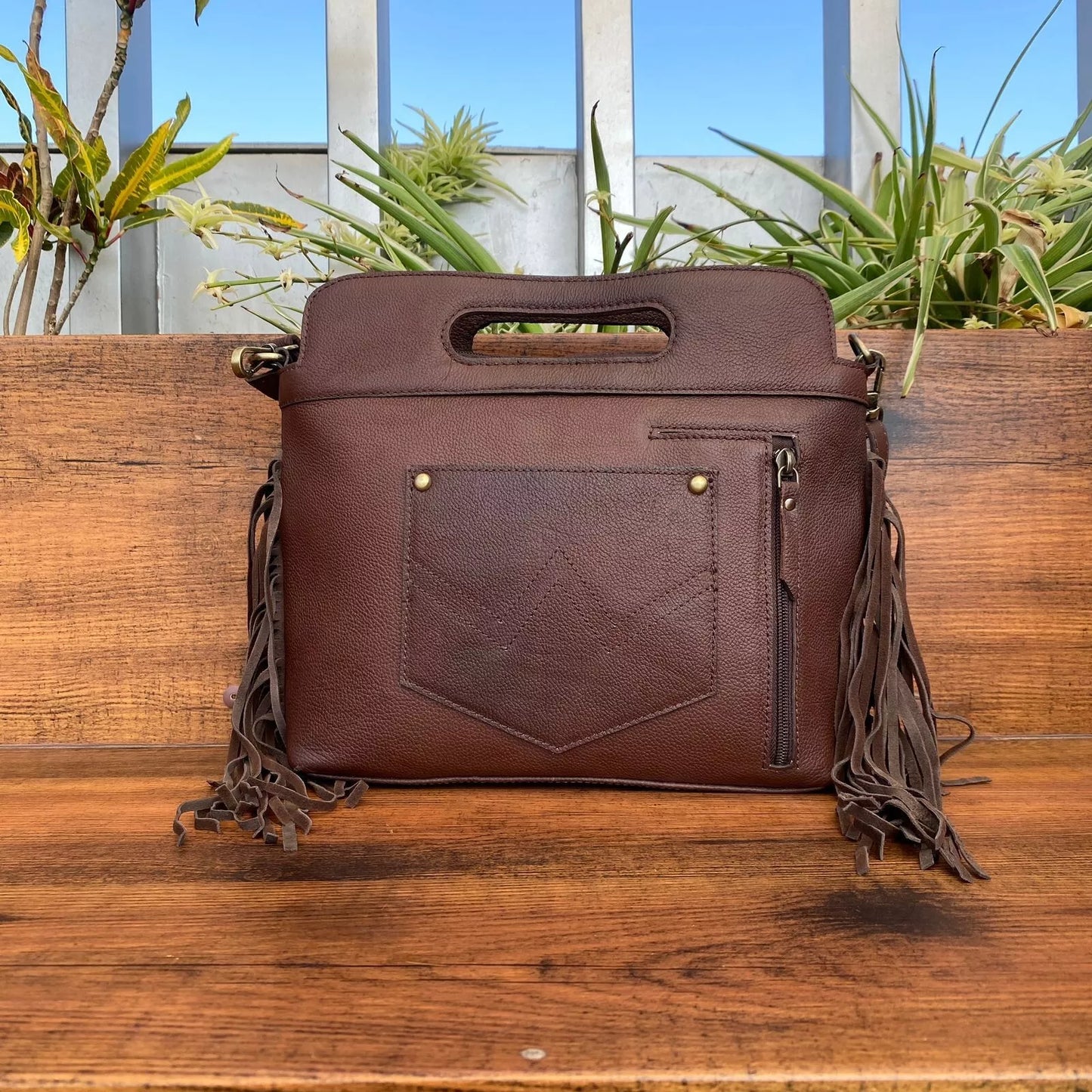 boho tooled hand carved leather messenger bag
