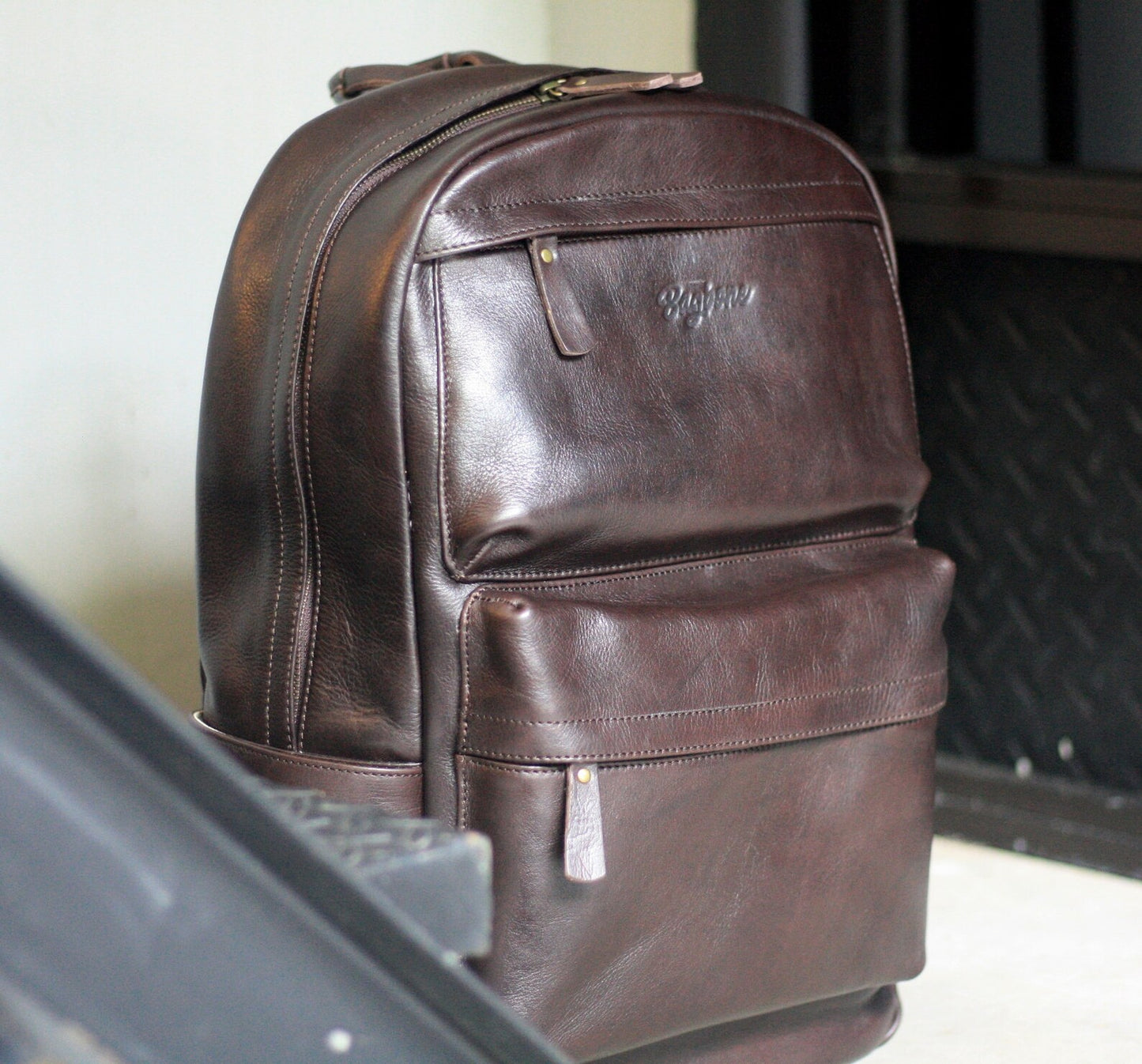 Dark Brown Leather Rucksack Unisex Laptop Backpack