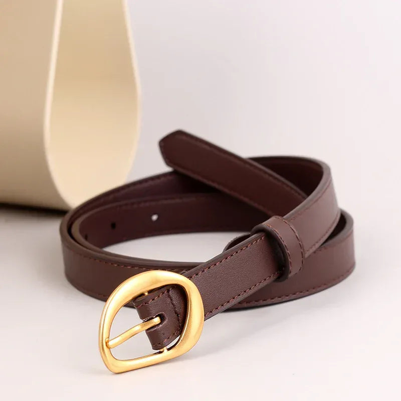 thin leather women's belts with gold buckle dark brown Narrow Version